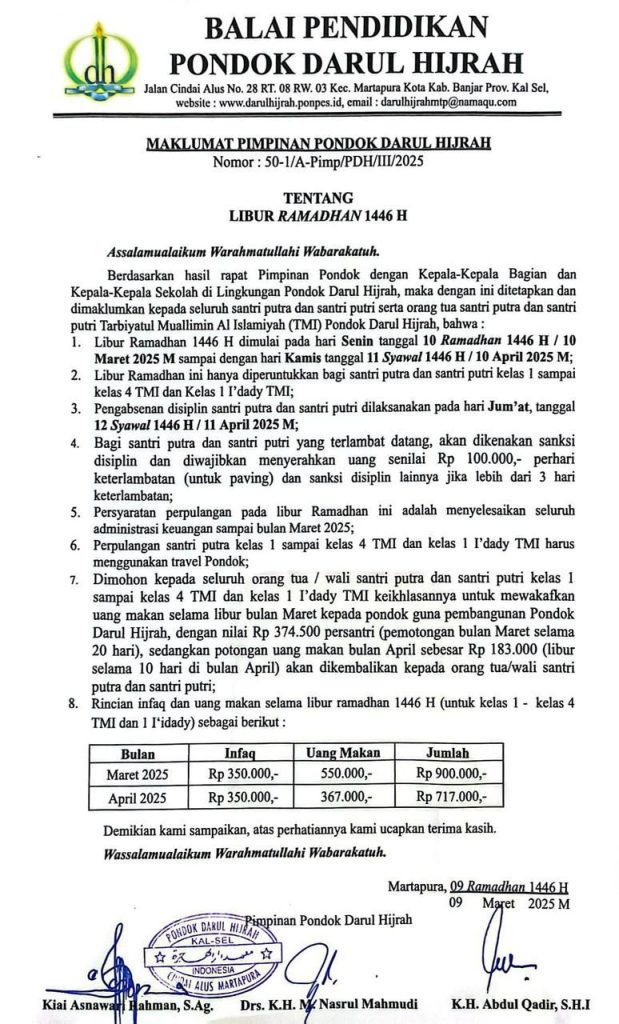 Pembacaan Maklumat Libur Ramadhan 1446 H ketika pemberian nasehat liburan Santri