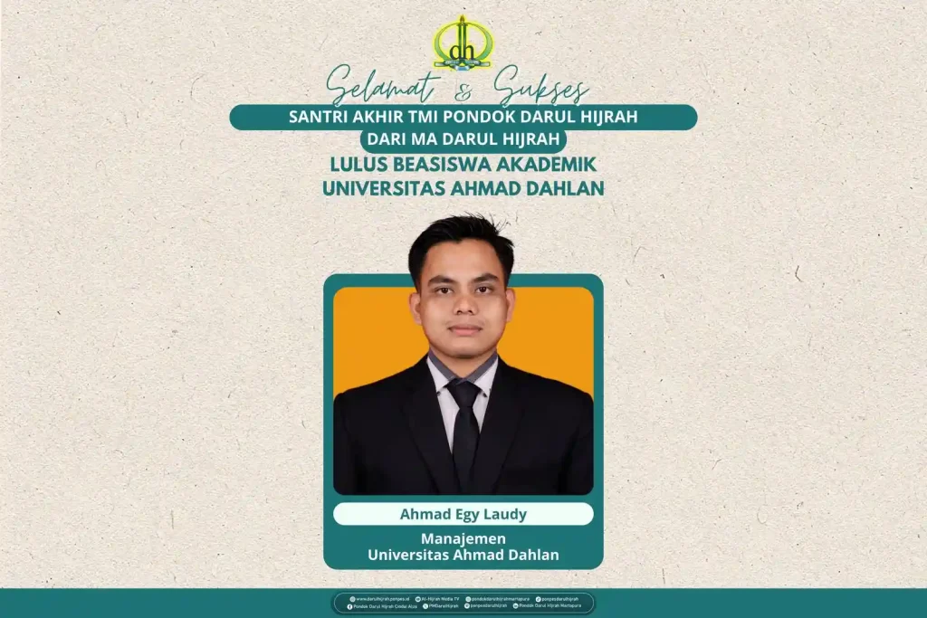 Santri Pondok Darul Hijrah dari Lembaga MA Darul Hijrah berhasil lolos beasiswa prestasi akademik uad