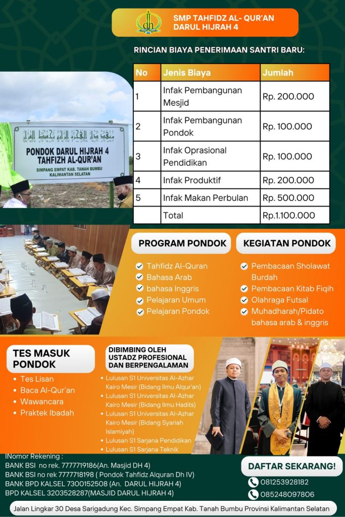 BIAYA PENDAFTARAN SANTRI BARU SMP DARUL HIJRAH 4 TAHUN 2025